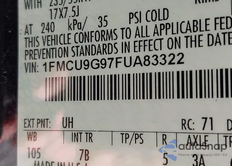 2015 Ford Escape Se z USA, uszkodzony, nr VIN 1FMCU9G97FUA83322